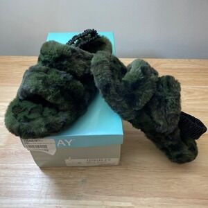 Array Shayla Women's Green Faux Fur Leopard Print Slippers Slides‎ 8 Medium